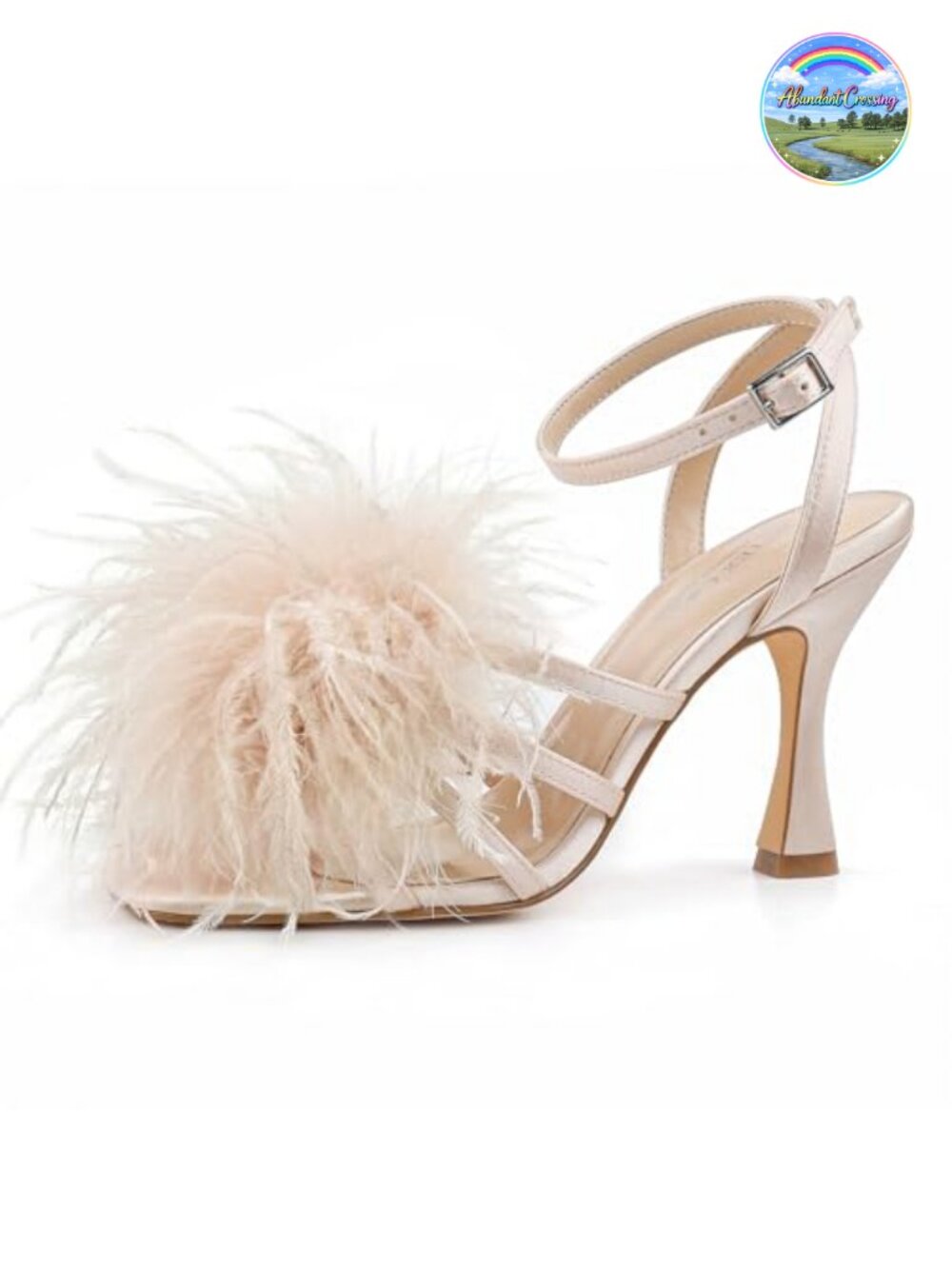 Satin Fluffy Feather Heeled Sandals Square Open Toe Stiletto Ankle Strap